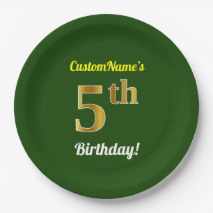 Green, Faux Gold 5th Birthday + Custom Name Paper Plates