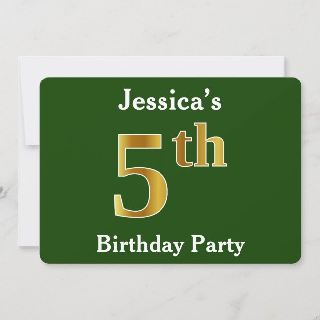 Green, Faux Gold 5th Birthday Party + Custom Name Invitation (Front)