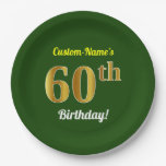 [ Thumbnail: Green, Faux Gold 60th Birthday + Custom Name Paper Plates ]