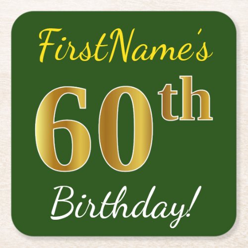 Green Faux Gold 60th Birthday  Custom Name Square Paper Coaster