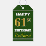 [ Thumbnail: Green, Faux Gold 61st Birthday + Custom Name Gift Tags ]