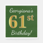 [ Thumbnail: Green, Faux Gold 61st Birthday + Custom Name Napkin ]