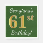 [ Thumbnail: Green, Faux Gold 61st Birthday + Custom Name Napkins ]