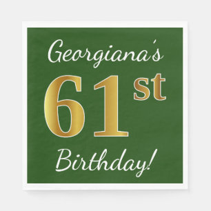 Green, Faux Gold 61st Birthday + Custom Name Napkins