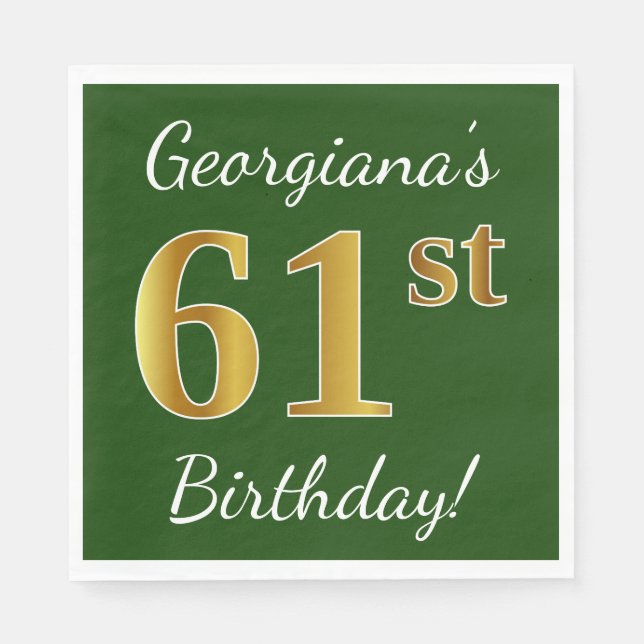 Green, Faux Gold 61st Birthday + Custom Name Napkins (Front)