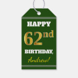 [ Thumbnail: Green, Faux Gold 62nd Birthday + Custom Name Gift Tags ]