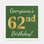 [ Thumbnail: Green, Faux Gold 62nd Birthday + Custom Name Napkins ]