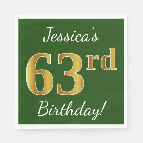 Green Faux Gold 63rd Birthday  Custom Name Napkins