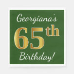 [ Thumbnail: Green, Faux Gold 65th Birthday + Custom Name Napkins ]