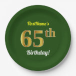 [ Thumbnail: Green, Faux Gold 65th Birthday + Custom Name Paper Plates ]