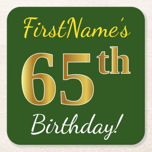 Green Faux Gold 65th Birthday  Custom Name Square Paper Coaster