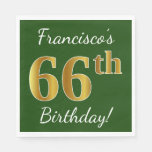 [ Thumbnail: Green, Faux Gold 66th Birthday + Custom Name Napkins ]