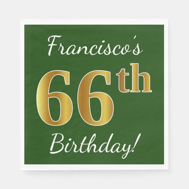 Green, Faux Gold 66th Birthday + Custom Name Napkins (Front)