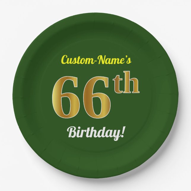 Green, Faux Gold 66th Birthday + Custom Name Paper Plates (Front)