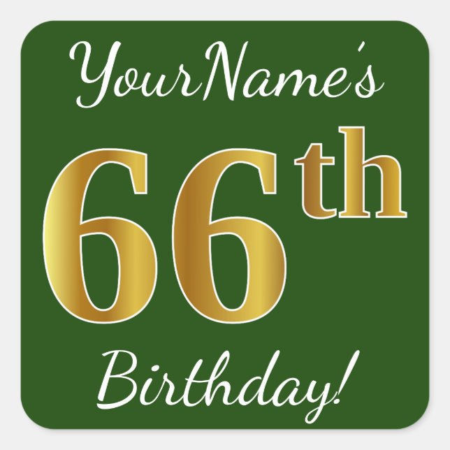 Green, Faux Gold 66th Birthday + Custom Name Square Sticker (Front)