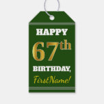 [ Thumbnail: Green, Faux Gold 67th Birthday + Custom Name Gift Tags ]