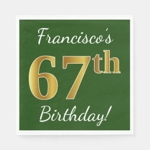 Green, Faux Gold 67th Birthday + Custom Name Paper Napkins