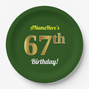 Green, Faux Gold 67th Birthday + Custom Name Paper Plates
