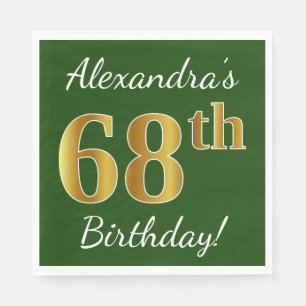 Green, Faux Gold 68th Birthday + Custom Name Paper Napkins