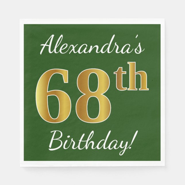 Green, Faux Gold 68th Birthday + Custom Name Paper Napkins (Front)