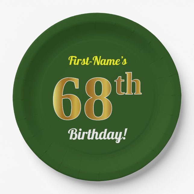 Green, Faux Gold 68th Birthday + Custom Name Paper Plates (Front)