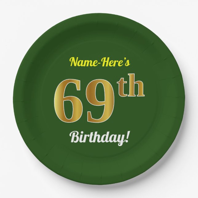 Green, Faux Gold 69th Birthday + Custom Name Paper Plates (Front)