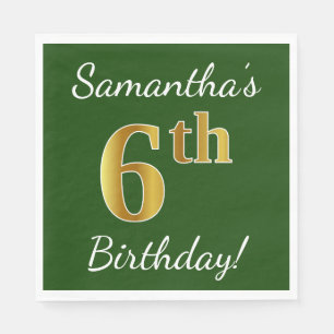 Green, Faux Gold 6th Birthday + Custom Name Paper Napkins