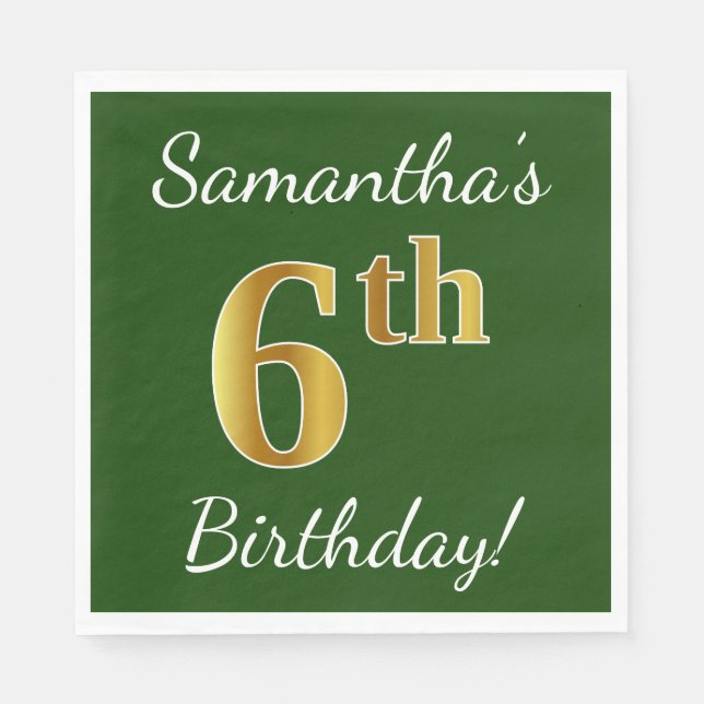 Green, Faux Gold 6th Birthday + Custom Name Paper Napkins (Front)