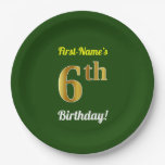 [ Thumbnail: Green, Faux Gold 6th Birthday + Custom Name Paper Plates ]