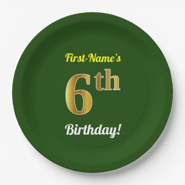 Green, Faux Gold 6th Birthday + Custom Name Paper Plates (Front)