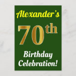 [ Thumbnail: Green, Faux Gold 70th Birthday Celebration + Name Invitation ]