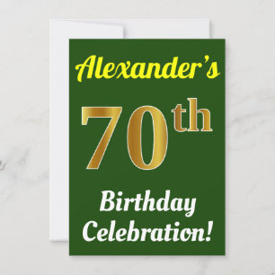 Green, Faux Gold 70th Birthday Celebration + Name Invitation