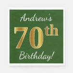 [ Thumbnail: Green, Faux Gold 70th Birthday + Custom Name Napkins ]