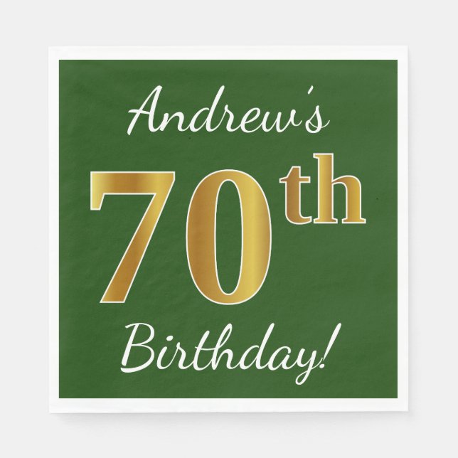 Green, Faux Gold 70th Birthday + Custom Name Paper Napkins (Front)
