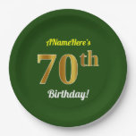 [ Thumbnail: Green, Faux Gold 70th Birthday + Custom Name Paper Plates ]