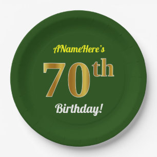 Green, Faux Gold 70th Birthday + Custom Name Paper Plates