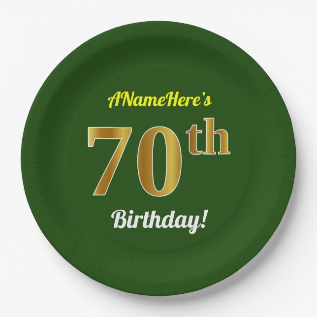 Green, Faux Gold 70th Birthday + Custom Name Paper Plates (Front)