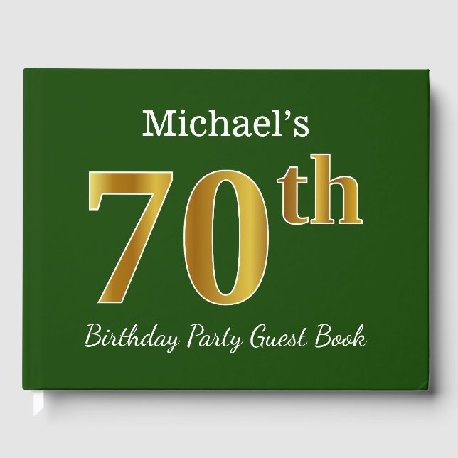 Green, Faux Gold 70th Birthday Party + Custom Name Guest Book (Front)
