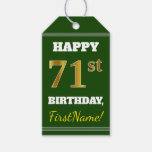 [ Thumbnail: Green, Faux Gold 71st Birthday + Custom Name Gift Tags ]