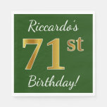 [ Thumbnail: Green, Faux Gold 71st Birthday + Custom Name Napkin ]