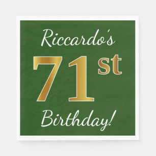 Green, Faux Gold 71st Birthday + Custom Name Napkins