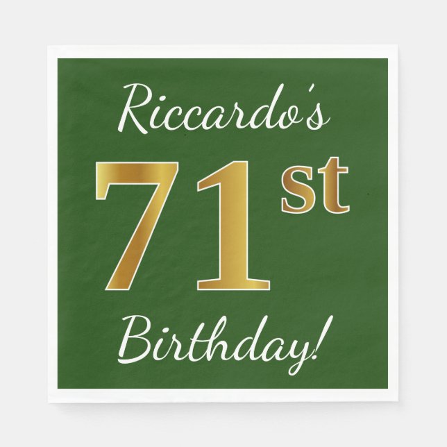 Green, Faux Gold 71st Birthday + Custom Name Napkins (Front)