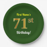 [ Thumbnail: Green, Faux Gold 71st Birthday + Custom Name Paper Plates ]