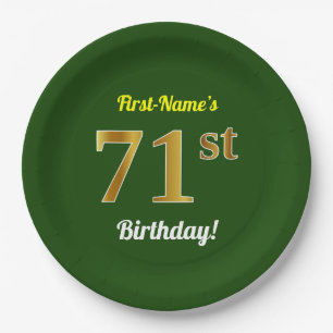 Green, Faux Gold 71st Birthday + Custom Name Paper Plates