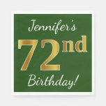 [ Thumbnail: Green, Faux Gold 72nd Birthday + Custom Name Napkins ]
