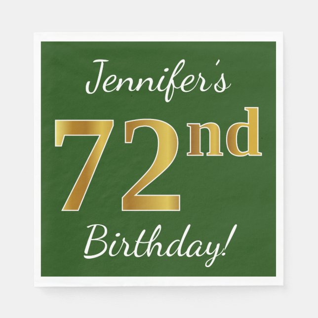 Green, Faux Gold 72nd Birthday + Custom Name Paper Napkins (Front)
