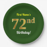 [ Thumbnail: Green, Faux Gold 72nd Birthday + Custom Name Paper Plates ]