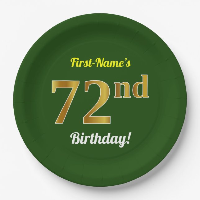 Green, Faux Gold 72nd Birthday + Custom Name Paper Plates (Front)