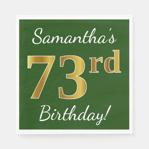 Green Faux Gold 73rd Birthday  Custom Name Paper Napkins