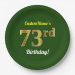 [ Thumbnail: Green, Faux Gold 73rd Birthday + Custom Name Paper Plates ]